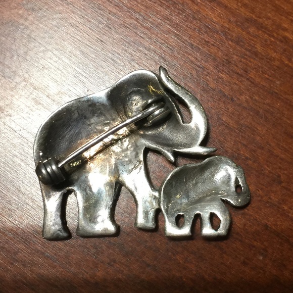 925 Real silver brooch pin back cute elephants mom & baby with shiny rhinestones - Picture 3 of 3
